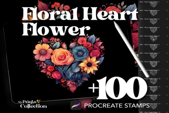 100 Procreate Floral Heart Flower Stamp
