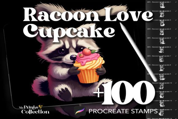 100 Procreate Raccoon Love Cupcake Stamps